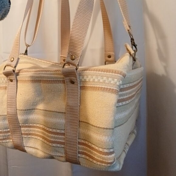 New Canvas Upholstery Mini Duffle Travel Bag Tan Sage embroidered Shoulder Cross - Picture 4 of 13